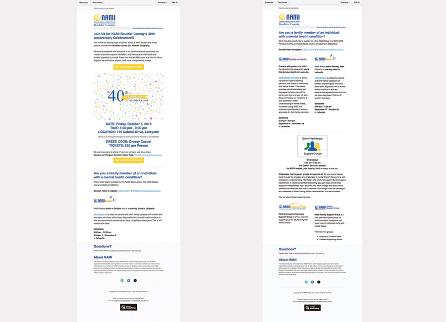 NAMI Boulder County email marketing examples shown on multiple screens
